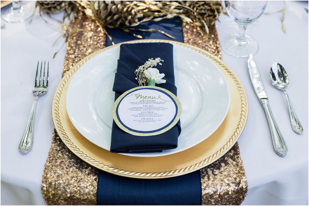 navy blue and gold tablescape